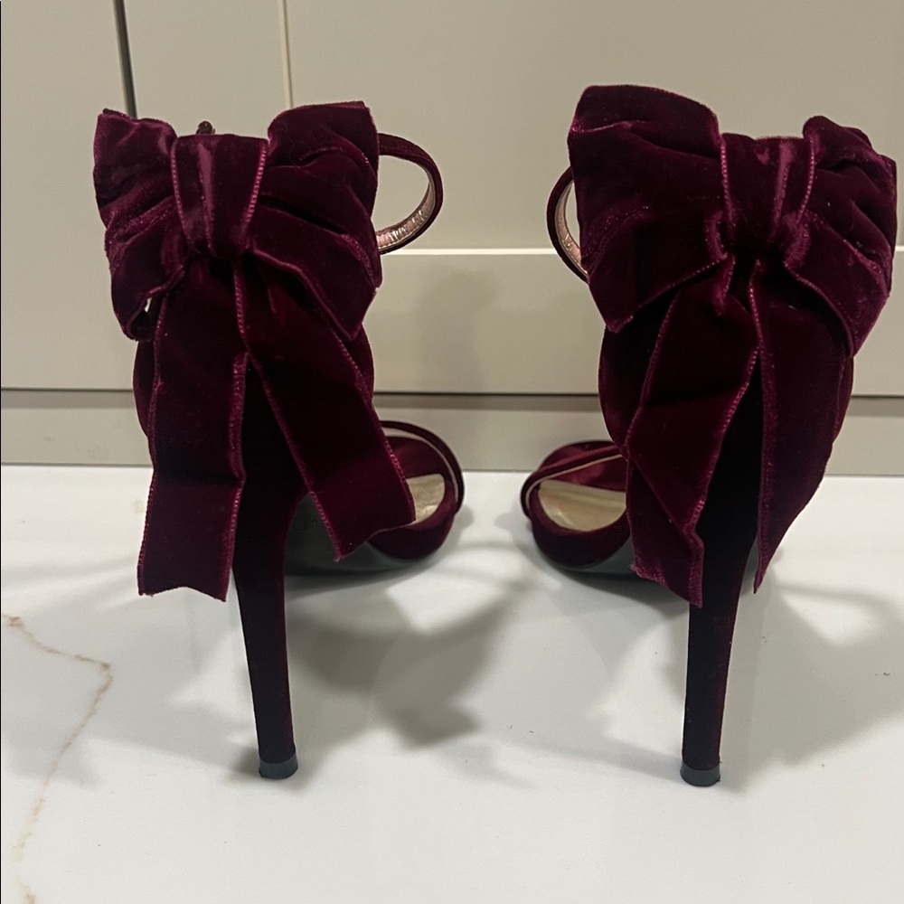 Stuart Weitzman Wine Velvet Bow High-Heel Sandals - Picture 3 of 7